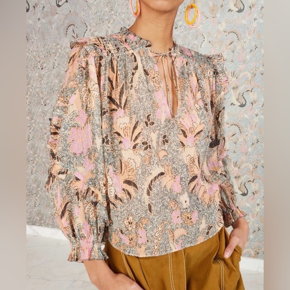 Ulla Johnson Silk Blend Ruffle Floral Lara Blouse Pink Neutral Top Size 4 - Picture 2 of 16